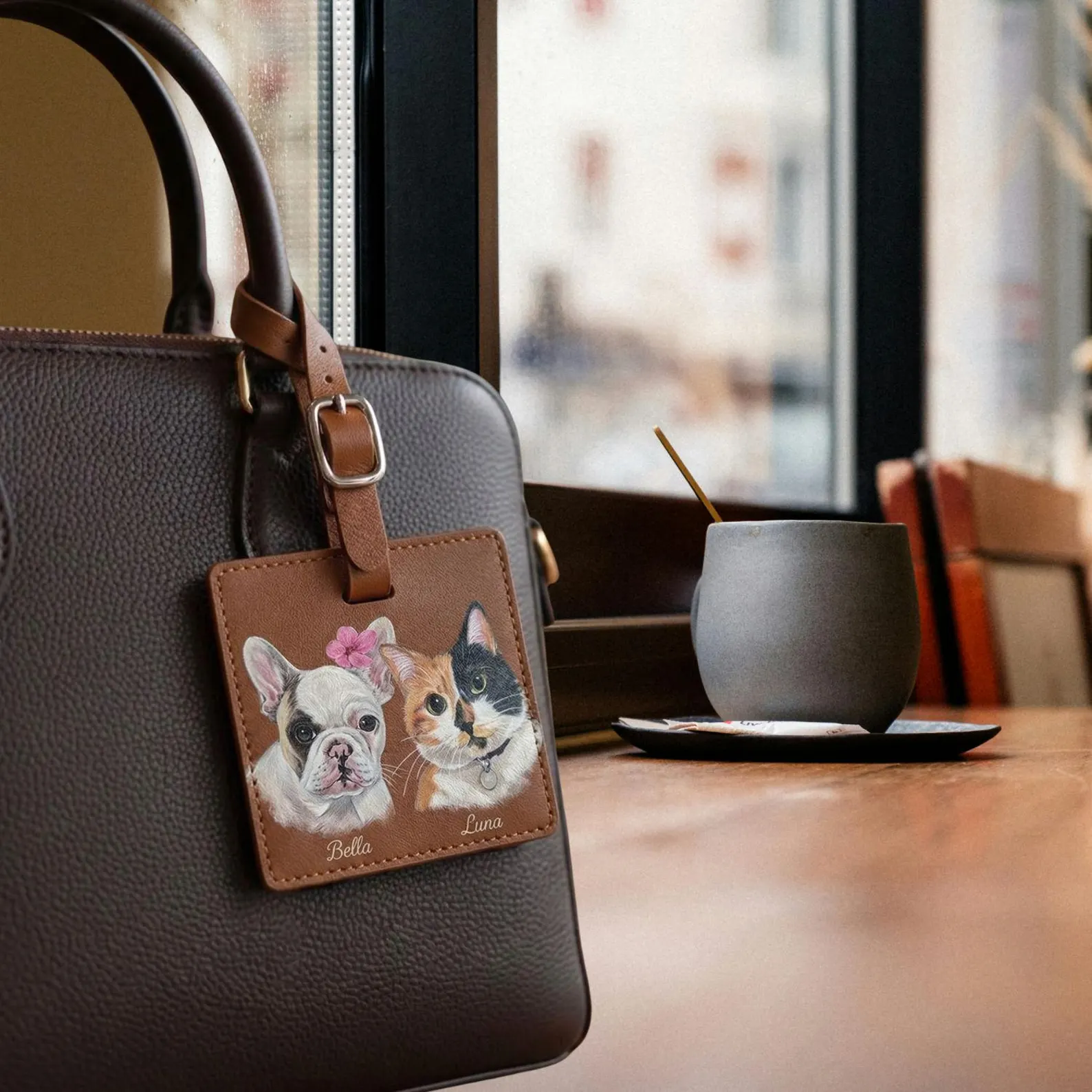 Brown hand-painted pet portrait bag charm displayed on a handbag